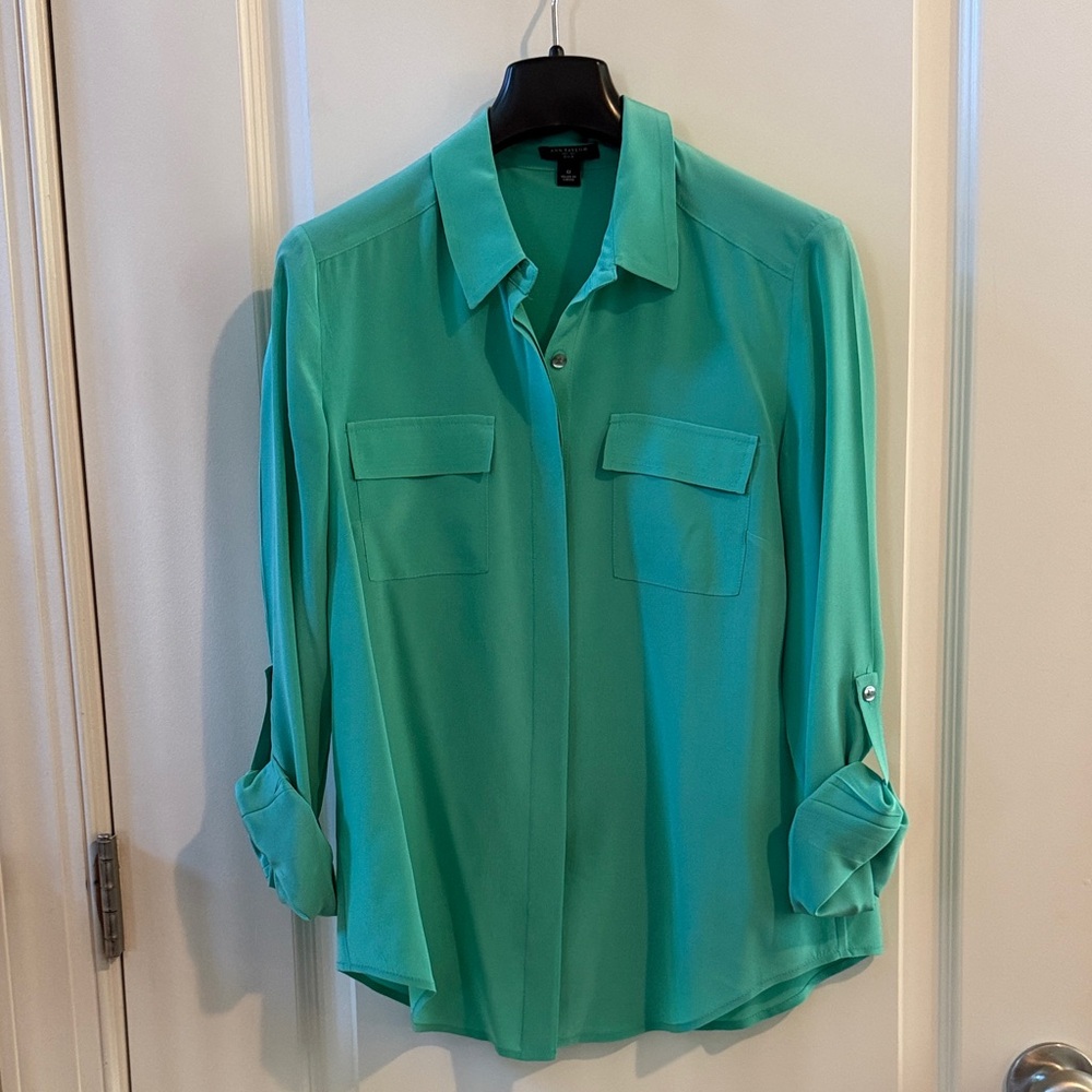 Ann Taylor Teal Green Button-Front Utility Blouse